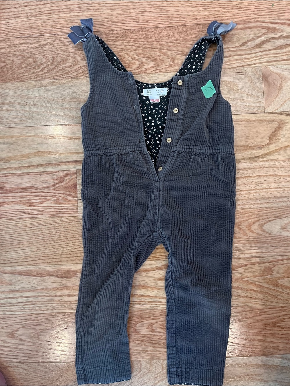 Zara Charcoal Gray Corduroy Overalls with Ribbon Straps